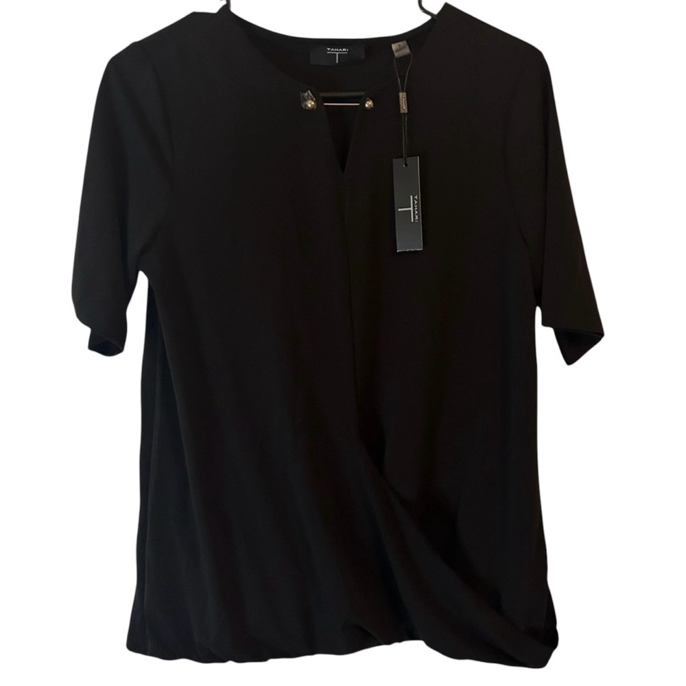 Tahari Women’s Black Slit Neck‎ Short Sleeve Top Size Small NWT